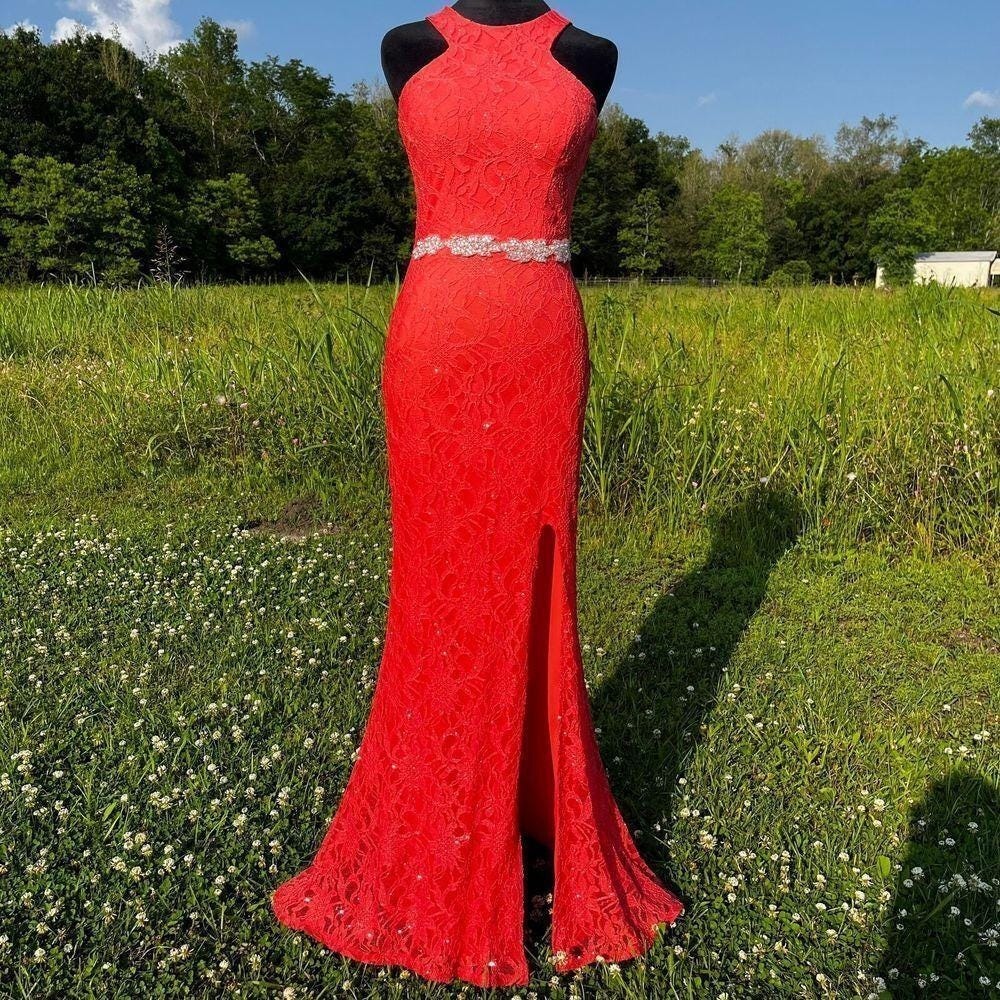 Vtg 90s Y2K Maxi Dress Wms 1 Mermaid Prom Pink Floral Lace High Split Coquette